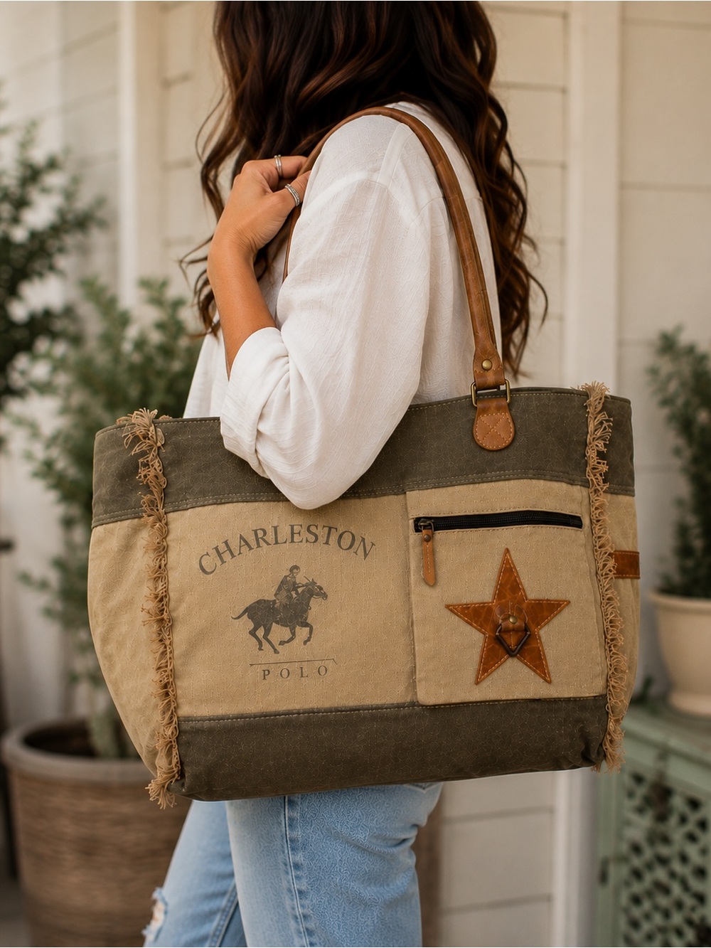 KB OHLAY Genuine Leather Upcycled Canvas Western Tote Bag NWT
